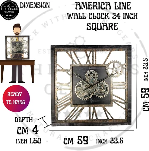 Miniatura 6 de ImprovingLife The Gears Clock - Reloj de pared cuadrado con engranaje móvil real de 24 pulgadas, estilo vintage, industrial, de gran