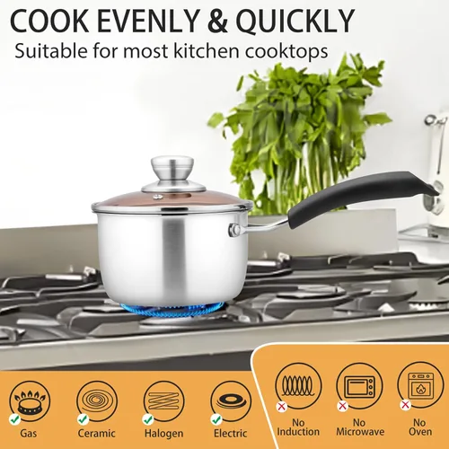 Miniatura 5 de P&P CHEF Cacerola pequeña de 1 cuarto de galón, cacerola de acero inoxidable con tapa, cacerola pequeña para cocina en casa y restaurante, tapa