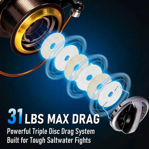 Miniatura 3 de Alwonder Carrete giratorio de agua salada 10000/11000 carrete de pesca de surf grafito 11+1 acero inoxidable BBS 31LB Max Drag Heavy Duty Surf