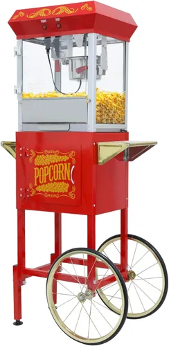 Miniatura 19 de Máquina comercial de palomitas de maíz con carrito y hervidor de 12 onzas, estilo vintage con ruedas de vidrio templado, plataforma de Rojo