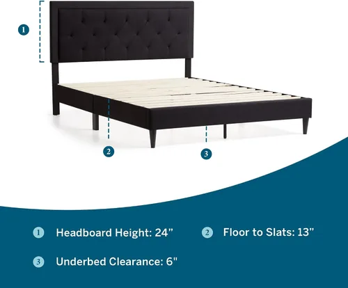 Miniatura 2 de Lucid - Cama de plataforma tapizada con cabecera de diamante con estructura de madera resistente, no requiere somier, King, carbón