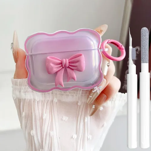 Miniatura 23 de Bonita funda transparente para AirPods Pro 2/1 Gen, diseño de lazo 3D femenino, funda protectora y a prueba de golpes de TPU suave Kawaii para Apple