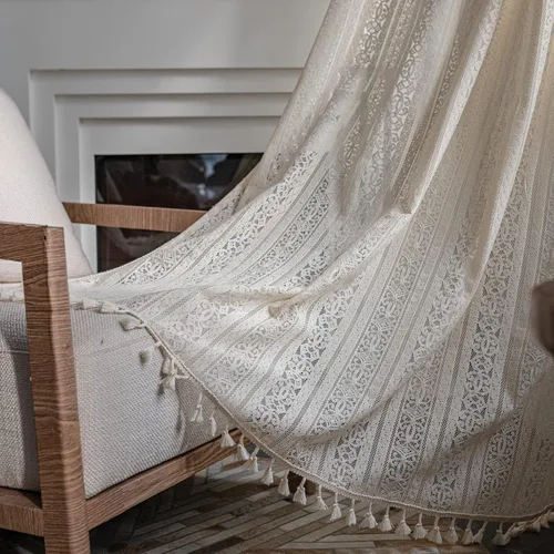 Miniatura 43 de Deeprove Cortinas bohemias para dormitorio, rayas huecas de ganchillo crema y estampado floral, tela de lino de algodón, con borlas beige bohemias