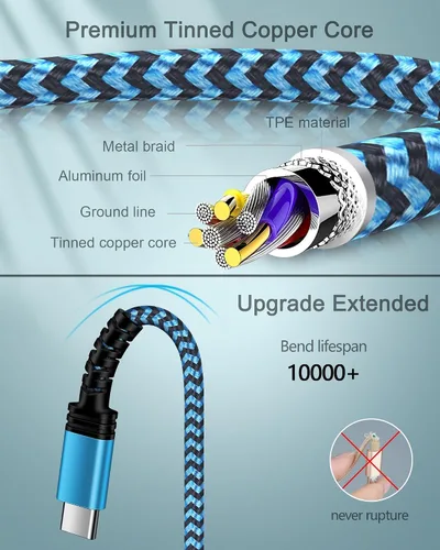 Miniatura 4 de Paquete de 3 cables de carga USB C de 3/6/10 pies de carga rápida para iPhone 17e/17/16e/16/15 Pro/15 Pro Max/15 Plus, Android Samsung Galaxy S25