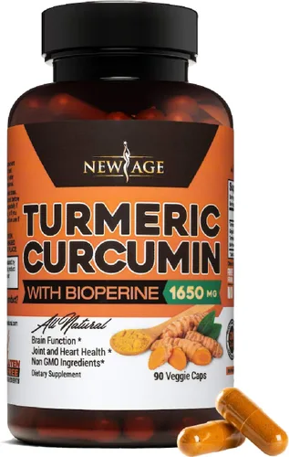 NEW AGE Curcumina de cúrcuma con cápsulas de bioperina, apoyo natural para articulaciones y saludable con 95% curcuminoides estandarizados para