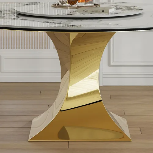 Miniatura 7 de Juego de mesa de comedor redonda de 9 piezas, moderna mesa de cocina de piedra sinterizada de 59 pulgadas con plato giratorio redondo de 31.5
