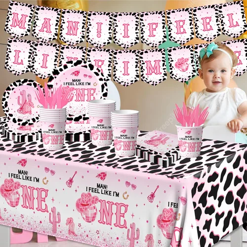 Miniatura 3 de Decoración de fiesta de cumpleaños de vaquera occidental, 142 piezas, juego de vajilla rosa de vaquera con la frase "I'm One Cowgirl", servilletas