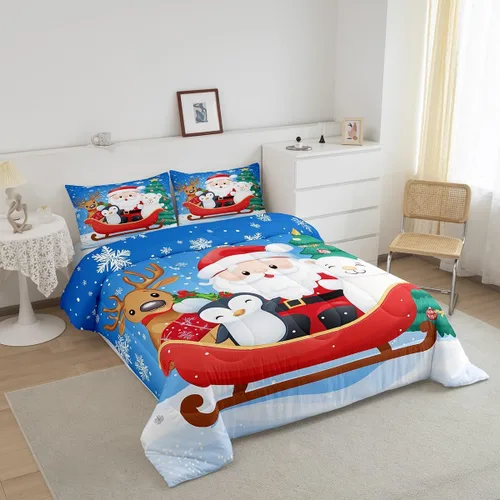 Miniatura 2 de Juego de edredón de Navidad de dibujos animados para niños, tamaño individual, juego de ropa de cama Kawaii de Papá Noel, pingüino, ciervo