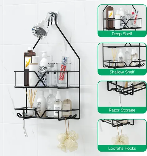Miniatura 3 de TreeLen Organizador de ducha colgante estante de ducha sobre cabezal de ducha negro, colgador de baño para champú, navaja y jabón