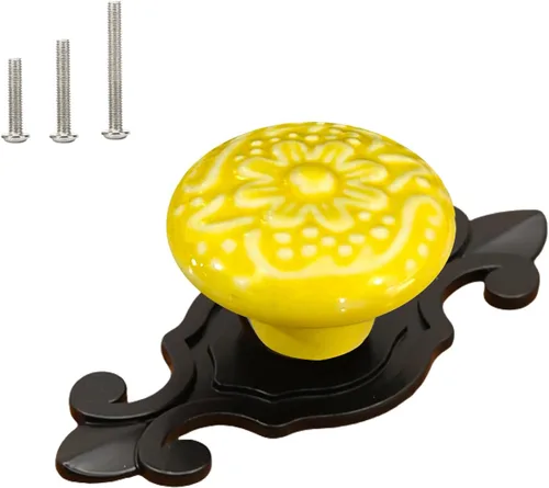Miniatura 11 de HUAMULAN Paquete de 10 pomos de cerámica retro vintage para aparador, cocina, pétalos, tiradores de armario, cajón, base negra, placa trasera