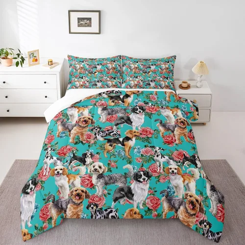 Miniatura 12 de Erosebridal Lindo juego de edredón de perro Corgi para niños y niñas, juego de ropa de cama romántico de flores rosas tamaño individual, edredón