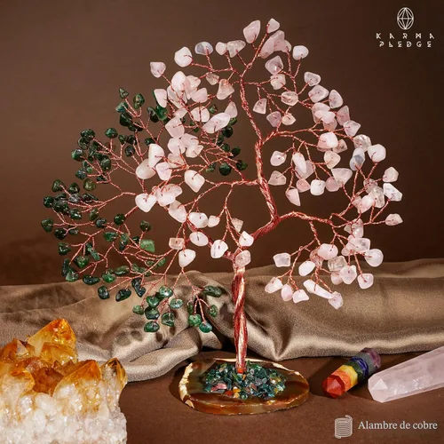 Miniatura 5 de Árbol de cristal para decoración de oficina de mujeres, árbol de piedras curativas de aventurina verde y cuarzo rosa hecho a mano, árbol de la vida