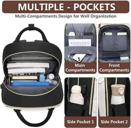 Miniatura 3 de Mochila para laptop para mujer, mochila de viaje de trabajo de 15.6 pulgadas con cargador USB, mochila universitaria impermeable, mochila