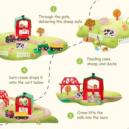 Miniatura 5 de Giant bean Juego de tren de granja de madera de 42 piezas para niños pequeños, tren que funciona con pilas, vía de tren con puente, granero, Juego