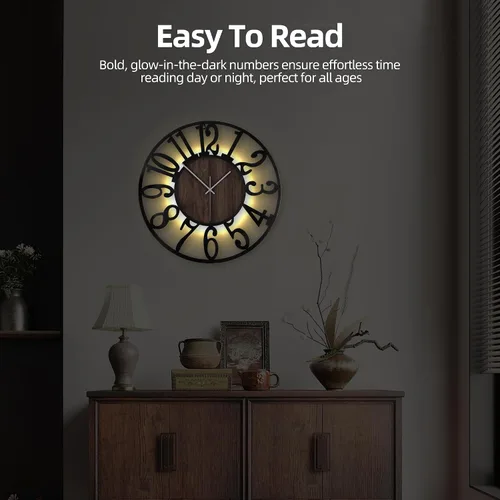 Miniatura 5 de Reloj de pared grande de 20 pulgadas de metal con voz y sensor de luz nocturna, luz en la oscuridad, silencioso, sin tictac, funciona con batería