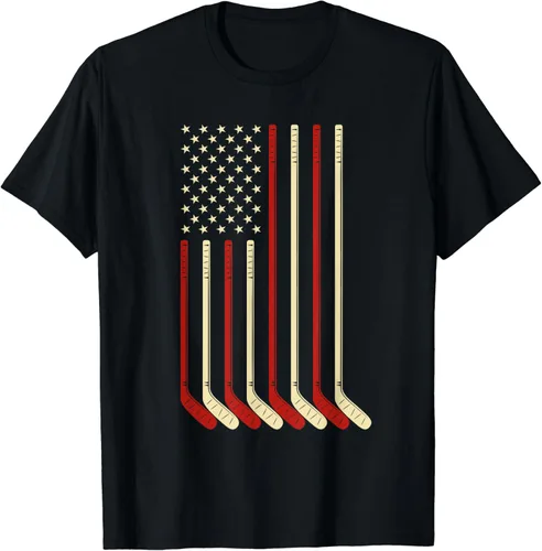 Camiseta de hockey portero con bandera de Estados Unidos, hockey y palo de hockey sobre hielo, Negro, S