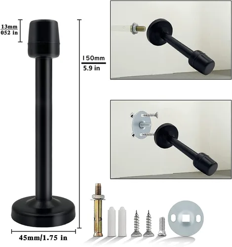 Miniatura 7 de KOLAKO Tope de puerta, tope de puerta negro de 4 pulgadas para la parte inferior de la puerta, montaje en pared de acero inoxidable cepillado a