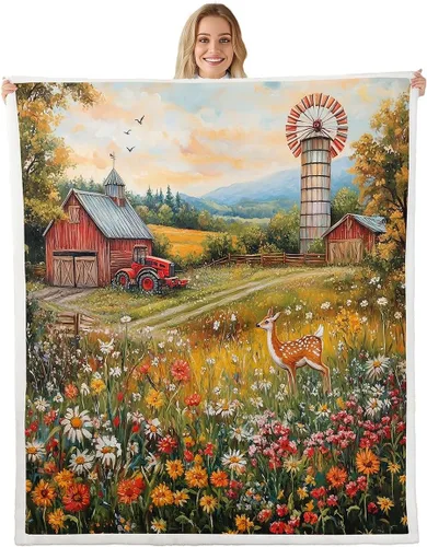 Miniatura 20 de Rustic Farmhouse Style Sherpa Blanket Retro Barn Truck Flannel Fleece Throw Blanket 40"x50" for Sofa Couch Country Daisy Flowers Ultra Soft Bed Blue