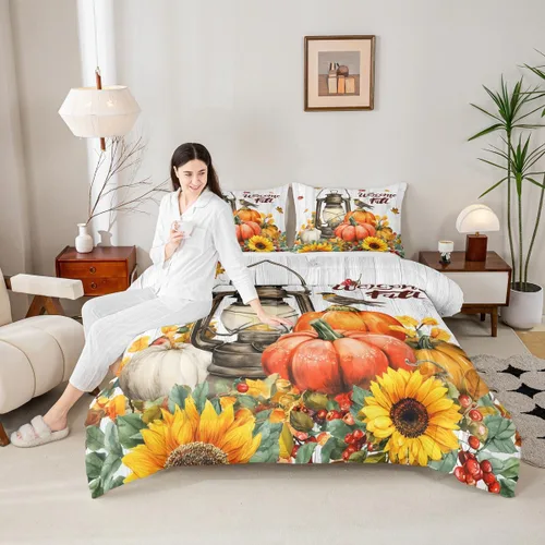 Miniatura 13 de Juego de edredón de cosecha de calabaza de otoño, tamaño individual, juego de ropa de cama de otoño con hojas de arce y girasol, decoración
