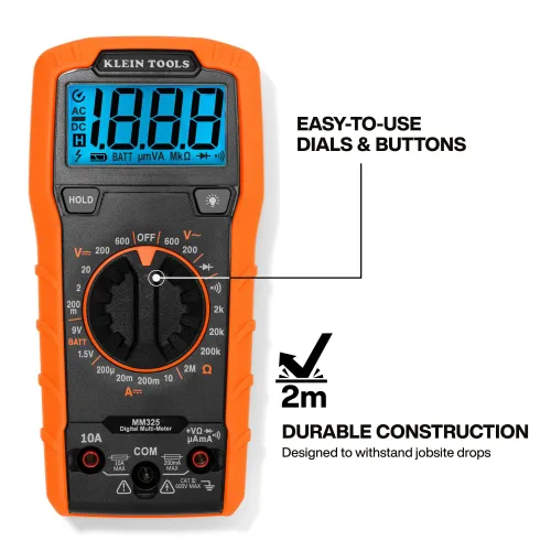 Miniatura 6 de Klein Tools 80196 Kit de multímetro digital con estuche, probador de voltaje CA/CC de rango manual de 600V, prueba baterías, corriente, resistencia