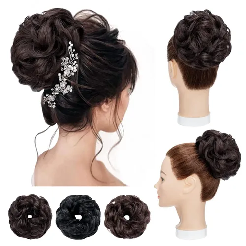 Miniatura 9 de Hairro Pieza de pelo para mujer, moño desordenado, esponjoso, despeinado, recogido, ombré, coleteros sintéticos, dona, elástico, para boda, novia