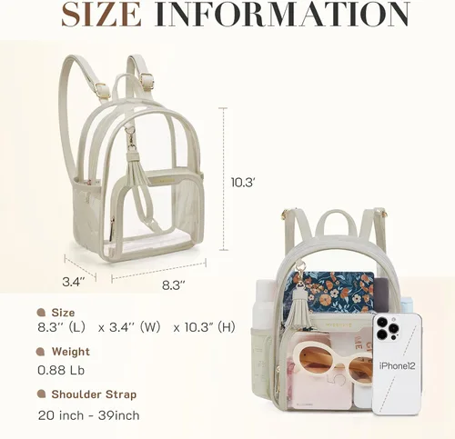 Miniatura 16 de Missnine Mochila transparente aprobada para estadios, mini bolsa transparente de PVC grueso con ribete de cuero para eventos deportivos, conciertos