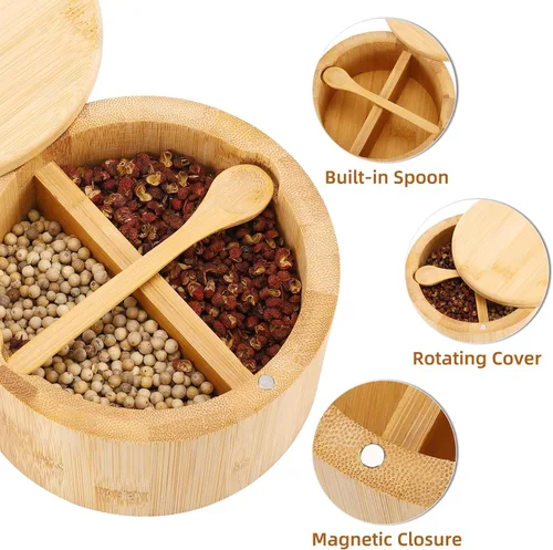 Miniatura 3 de Cuenco de bambú natural para sal y pimienta, bodega de sal de bambú y caja de almacenamiento de especias con cuchara integrada y tapa giratoria Dos