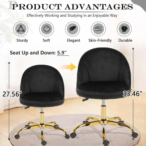 Miniatura 3 de Silla de tocador negra y dorada con respaldo, silla pequeña para tocador, sillas de maquillaje giratorias de terciopelo y bonitas sillas déak