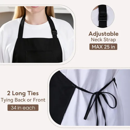 Miniatura 5 de Delantales de chef de algodón para hombres y mujeres, bolsillos grandes, material de lona Negro