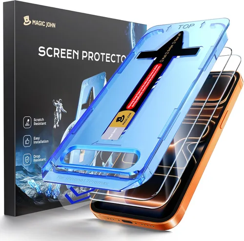 MAGIC JOHN Paquete de 2 protectores de pantalla de vidrio templado para iPhone 17 Pro Max de 6.9 pulgadas, eliminación automática de polvo, sin