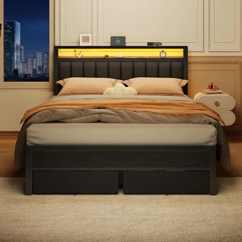 Miniatura 5 de Furnulem Base de cama Queen con estación de carga y luces LED, cabecera tapizada gris con estantes, cama de plataforma de metal con 2 almacenamiento