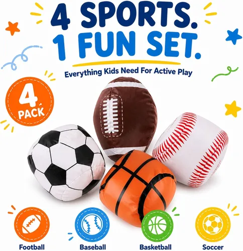 Miniatura 2 de Liberty Imports Paquete de 4 pelotas deportivas de peluche suave de 5 pulgadas para niños, niños pequeños, fútbol, béisbol, baloncesto, fútbol