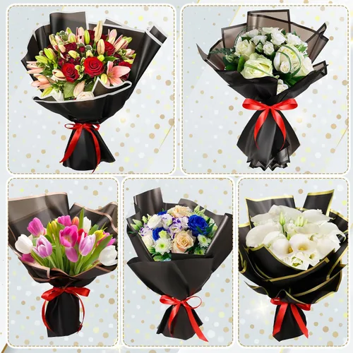 Miniatura 4 de 100 hojas de papel de regalo de flores negras para graduación 2026, suministro de ramo de floristería impermeable, 5 estilos de 22.2 x 22.2