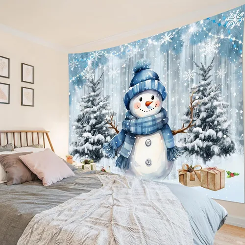 Miniatura 3 de HVEST Tapiz navideño de invierno para colgar en la pared, muñeco de nieve divertido con sombrero azul y tapices de regalo de Navidad, tapiz de pino