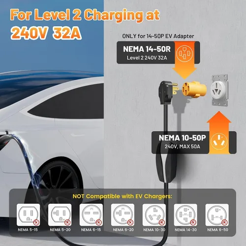 Miniatura 4 de MECMO Adaptador de cargador EV de nivel 2 de 32 amperios y 220 V para NEMA 10-50, enchufe portátil NEMA 10-50P a 14-50R para carga Tesla