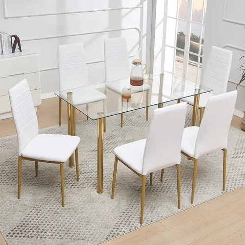Miniatura 9 de Juego de comedor de cristal de 5 piezas dorado para 4, mesa de cocina rectangular con 4 sillas de piel sintética, juego de mesa de comedor compacto
