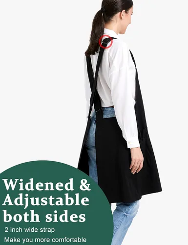 Miniatura 4 de Delantales ajustables con espalda cruzada para mujer con bolsillos de algodón y lino para cocinar y hornear Negro
