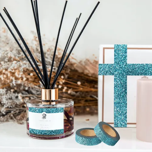 Miniatura 4 de Cinta Washi con purpurina, 3 rollos de cinta decorativa azul oscuro de 5/8 pulgadas (0.591 in), autoadhesiva para manualidades con ribete dorado