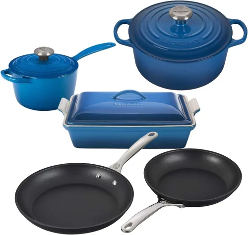 Le Creuset Marsella - Juego completo de utensilios de cocina de hierro fundido esmaltado multiusos con pomos SS, cerámica y antiadherente endurecido
