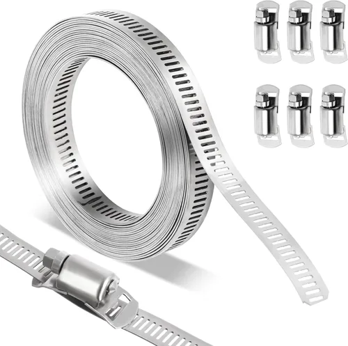Abrazaderas de manguera de acero inoxidable 304 Kit de bricolaje, correa de metal cortada a medida de 8 pies + 6 sujetadores, abrazaderas de