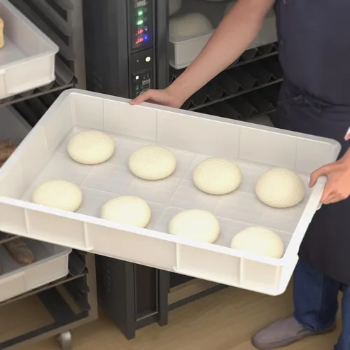 Miniatura 6 de Caja comercial plástica de la prueba de la masa de la pizza, contenedor apilable blanco de la pizza con la tapa, paquete de 4