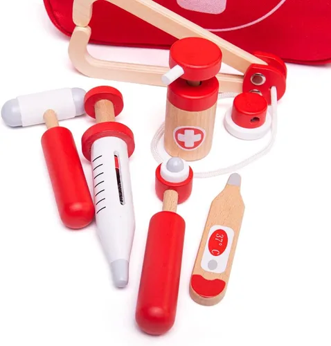 Miniatura 5 de Bigjigs Toys Juego de médicos para niños, juego de médicos de madera de 10 piezas con estetoscopio para niños, termómetro, medicina y más en estuche