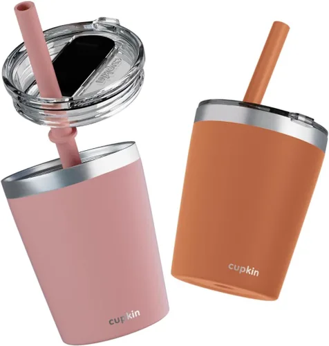 Miniatura 44 de CUPKIN - Taza apilable de acero inoxidable para niños, taza de batido, tazas aisladas con recubrimiento en polvo, tapa libre de BPA y pajilla de Rosa