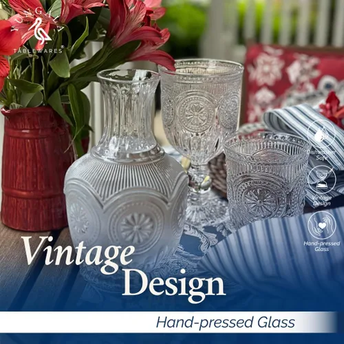 Miniatura 5 de Vasos pequeños vintage transparentes para beber, juego de 6 vasos de vidrio de 8 onzas con un diseño único con base y diseño de vidrio prensado