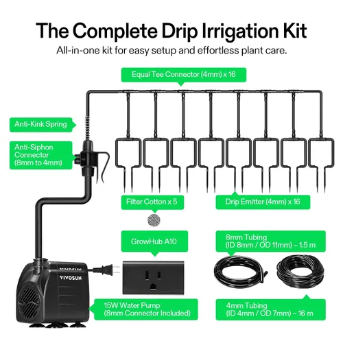 Miniatura 7 de VIVOSUN Kits de riego por goteo automático profesional, salida de 15 W, kit de cultivo profesional todo en uno, incluye bomba, temporizador