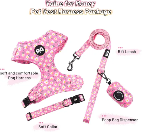 Miniatura 2 de QQPETS Arnés para perro con correa y soporte para bolsa de excrementos, juego de 4 piezas, ajustable sin tirones, chaleco acolchado de malla suave