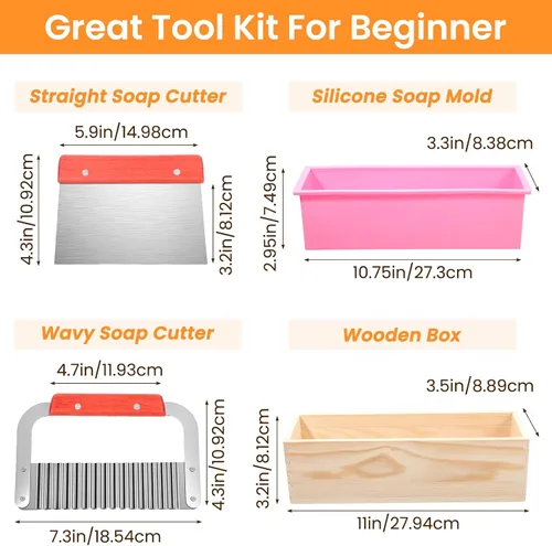 Miniatura 2 de Kit de 2 moldes rectangulares de jabón para pan con caja de madera, molde de silicona flexible de 42 onzas, cortador de acero inoxidable ondulado