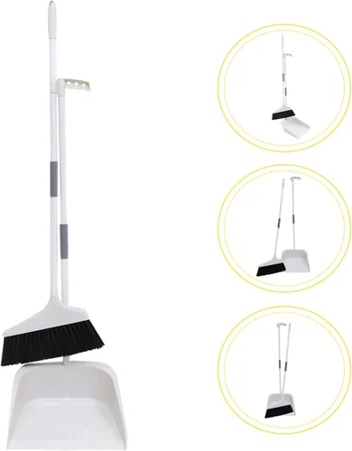 Miniatura 6 de Lurrose Juego de escoba y recogedor resistente para suelos con cerdas suaves y mango largo ergonómico para azulejos de cocina y superficies de Blanco