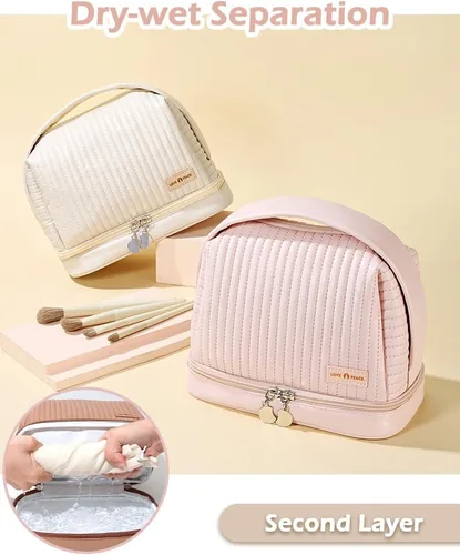 Miniatura 4 de Bolsa de cosméticos para mujer, bolsa de aseo con un compartimento separado, bolsa de maquillaje de viaje con soporte para cepillos extraíble, Rosa