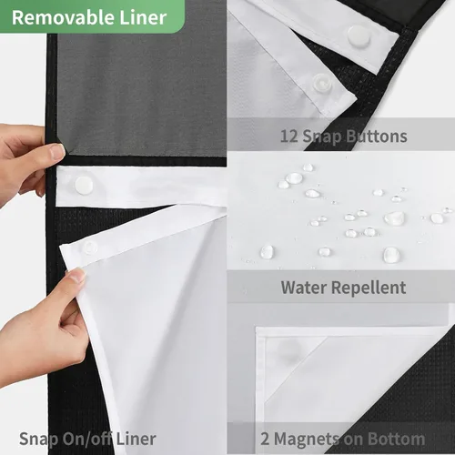 Miniatura 7 de eachope Cortina de ducha negra sin gancho con forro de tela a presión, cortinas de ducha de tejido gofre para baño, juego de cortinas de baño